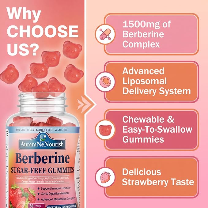 Liposomal Berberine Supplement 1500mg, High Potency Berberine Gummies w. Ceylon Cinnamon, ACV & Turmeric for Digestive, Metabolic & Immune Support, Sugar Free, Vegan, 60 Count