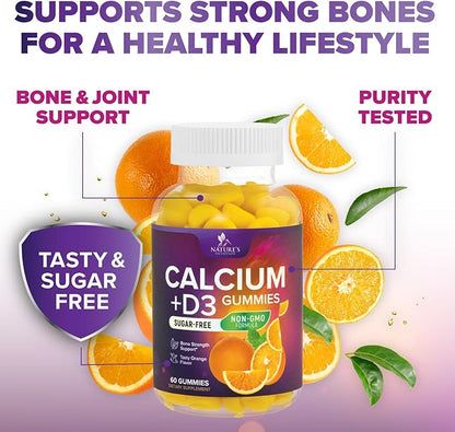 Calcium Supplement Gummies - Sugar Free Calcium Gummy with Vitamin D3 for Best Absorption - Supports Immune Health, Bones & Teeth - Nature's Calcium Chews for Women & Men - Orange Flavor - 60 Gummies
