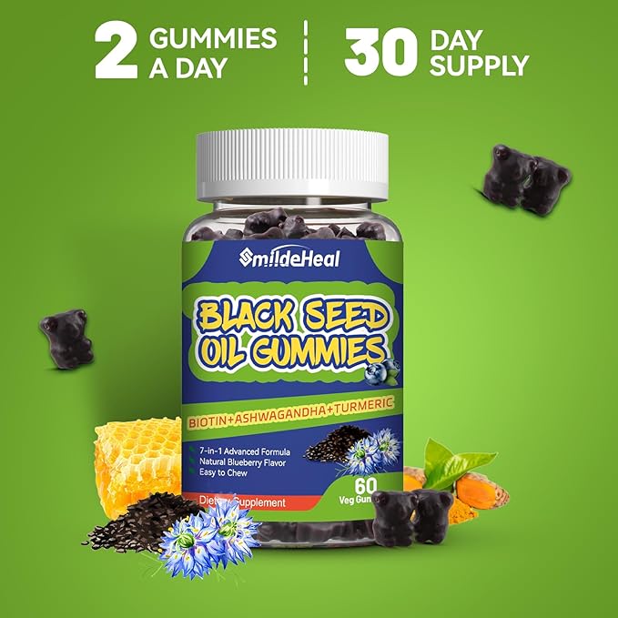 2 Pack Black Seed Oil Gummies, Organic Black Cumin Seed Oil Gummies, Black Cumin Seed Oil Organic 500mg, Chewable Black Seed and Honey Gummies, Vegan, 120 Gummies