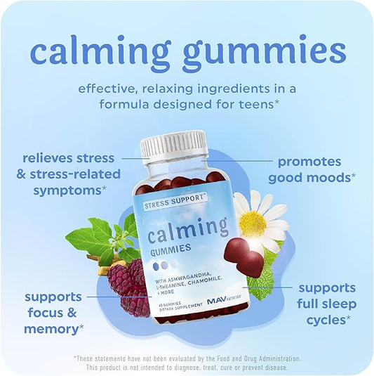 Calming Ashwagandha Gummies for Teens | Stress Relief Supplement with Theanine, GABA, Chamomile & Lemon Balm Calm Sleep Gummies | Natural Raspberry Flavor, Non-GMO, Third-Party Tested | 60 Ct