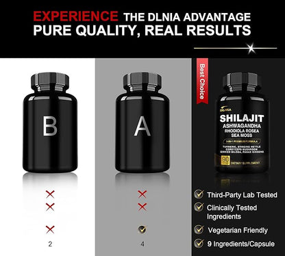 DLNIA Shilajit 9-in-1 Capsules – Organic Himalayan Complex with Ashwagandha, Sea Moss, Turmeric & More – Vegan, Lab-Tested, Immune & Energy Support for Men & Women – 90 Capsules
