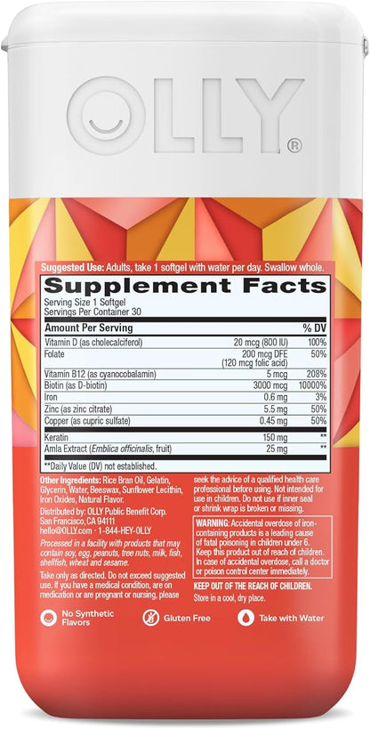 OLLY Ultra Strength Hair Softgels,Supports Hair Health,Biotin,Keratin,Vitamin D,B12,Hair-Supplement,30 Day Supply - (Packaging May Vary),30 Count (Pack of 2)
