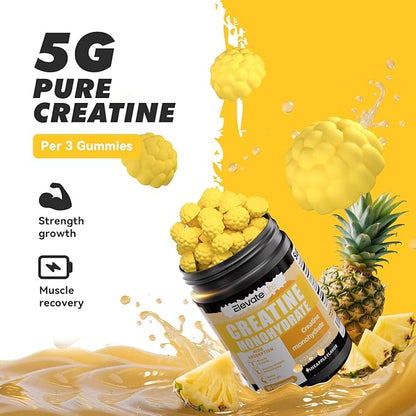 ElevateLife NSF Certified Creatine Monohydrate Gummies 5000mg for Men & Women, Chewables Creatine Monohydrate for Muscle Strength, Muscle Builder, Energy Boost, Pre-Workout Supplement-90 Pineapple
