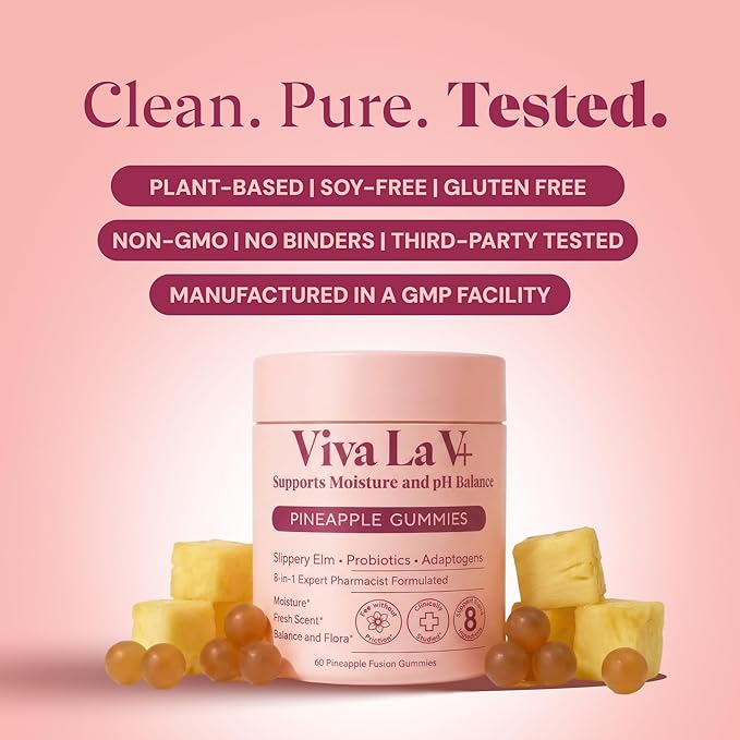 8-in-1 Slippery Elm Vaginal Probiotic Gummies for Women - Intimate Moisture, Balanced pH, Healthy Odor, Yeast Balance & Flora Support + Vitamin C - Tasty Pineapple (60 Count)