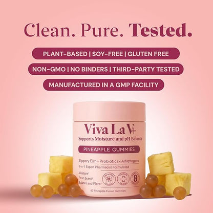 8-in-1 Slippery Elm Vaginal Probiotic Gummies for Women - Intimate Moisture, Balanced pH, Healthy Odor, Yeast Balance & Flora Support + Vitamin C - Tasty Pineapple (60 Count)