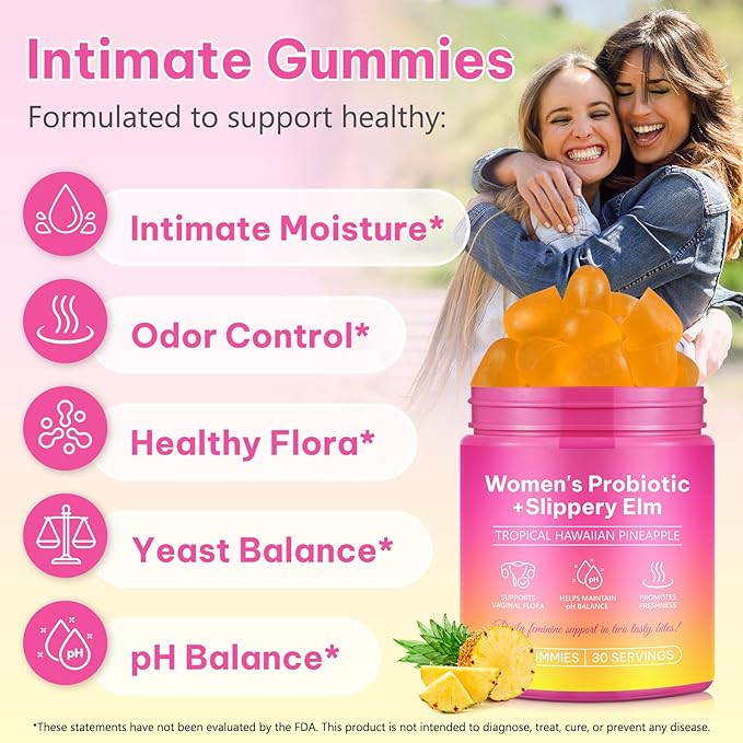 Feminine Probiotics Gummies with Slippery Elm | Pineapple Gummies for Women ph Balance, Vaginal Probiotics Supports Flora, Gut Health & Immune System, Prebiotics & Lactobacillus Blend | 60 Gummies