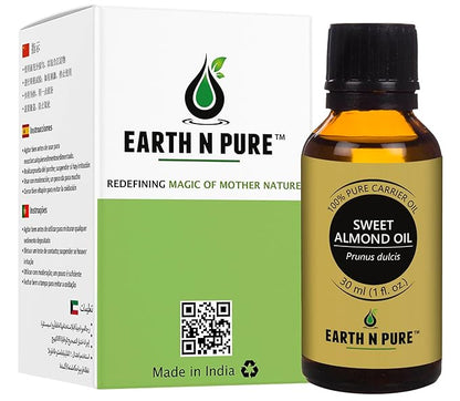 Earth N Pure Sweet Almond Oil (Badam Oil) Cold Pressed, Therapeutic Grade for Body, Skin, Hair 30 ml