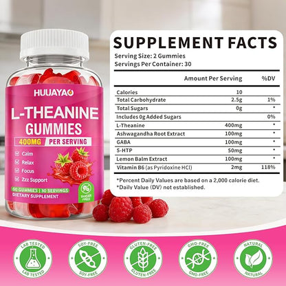 L-Theanine Gummies 400mg, L-Theanine Supplement for Kids & Adults with Ashwagandha, GABA, 5HTP for Calm, Zzz & Relaxation Support, Raspberry Flavor, 120 Counts