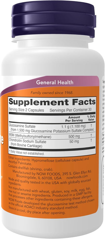 NOW Foods Supplements, Glucosamine & MSM plus Chondroitin Sulfate, Joint Health*, 60 Veg Capsules