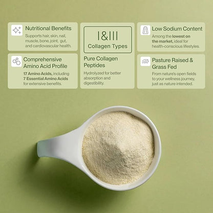Collagen Peptides Powder Grass-Fed Pasture-Raised Hydrolyzed Collagen Powder, Type I & III Hair, Nails, Skin and Joints, Non-GMO, Paleo & Keto, Unflavored, 16 Fl oz. 45 Servings