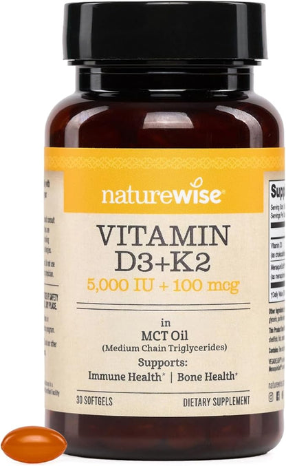 NatureWise Vegan Vitamin D3 + K2 with Organic Coconut MCT Oil - Natural D3 5000IU + Natural K2 100mcg - High Absorption Bone Support - Soy & Gluten Free - USA Manufactured - 30 Softgels[30-Day Supply]