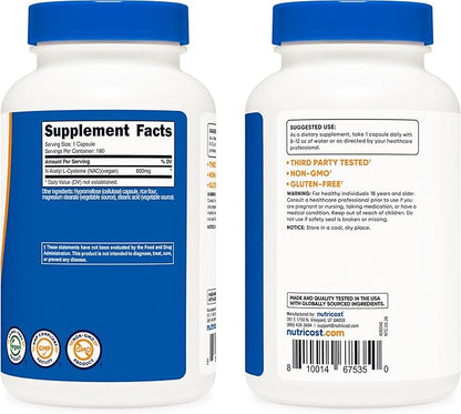 Nutricost N-Acetyl L-Cysteine (NAC) 600mg, 180 Capsules - Non-GMO, Gluten Free