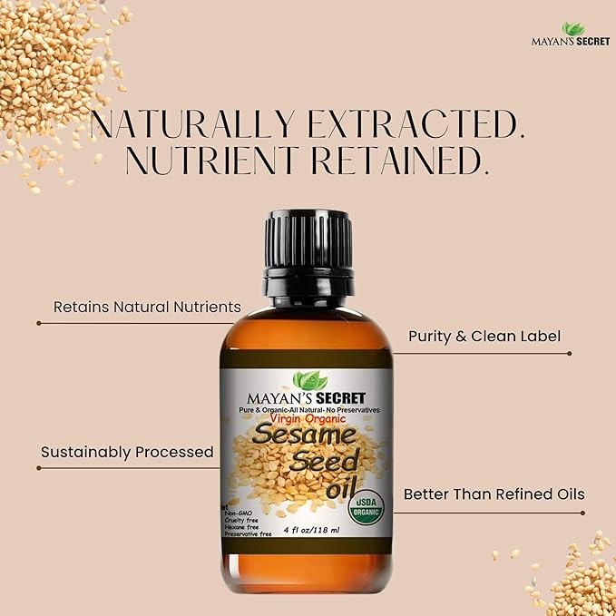 USDA Certified Virgin Organic Sesame Seed Oil Unrefined 100% Pure Natural for Skin, Body, Face, and Hair Growth Large 4oz Glass Bottle
