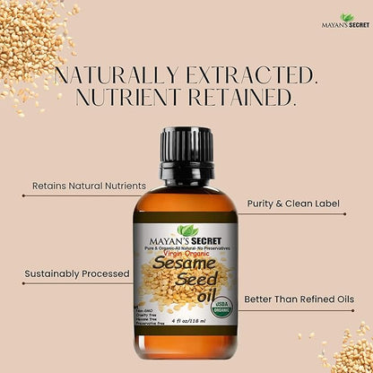 USDA Certified Virgin Organic Sesame Seed Oil Unrefined 100% Pure Natural for Skin, Body, Face, and Hair Growth Large 4oz Glass Bottle