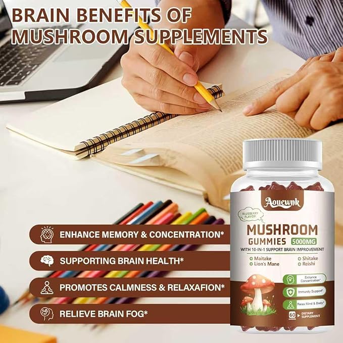 2 Pack 5000MG Mushroom Gummies for Men & Women - 10-in-1 Blend Mushroom Complex Supplement containing Lion's Mane, Brain and Immune Boosting, Blueberry Flavor, Non-GMO, 120 Counts