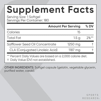 Sports Research CLA - 1250mg with Active Conjugated Linoleic Acid for Men and Women | Non-GMO, Soy & Gluten Free - 95% (180 Softgels)…