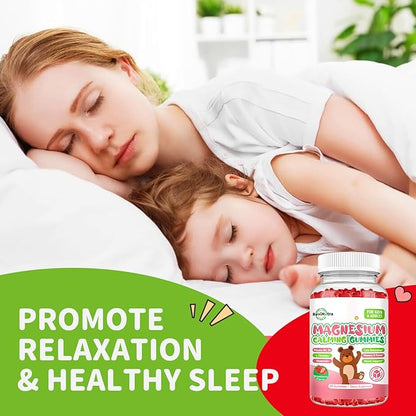 Kids Magnesium Glycinate Gummies, Magnesium Supplement with L-Theanine, Vitamin B6, D3 for Kids & Adults, Calm Magnesium for Sleep Relaxation,Brain,Bones,Sugar Free Strawberry 120ct