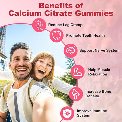 Calcium Citrate Gummies - Chewable Calcium Gummies for Bone, Muscle, Teeth, Immune Support, High Absorption Calcium Supplements for Women & Men Sugar Free Strawberry Flavor 60 Count