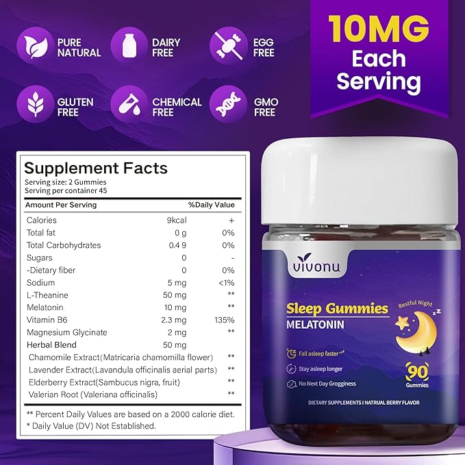 Melatonin Gummies 10mg, 9-in-1 Natural Herbal Sleep Aids for Adults, Sleep Gummies with Magnesium Glycinate, Valerian Root, L-Theanine and Vitamin B6, etc, 45 days supply, Non GMO, Berry Flavored