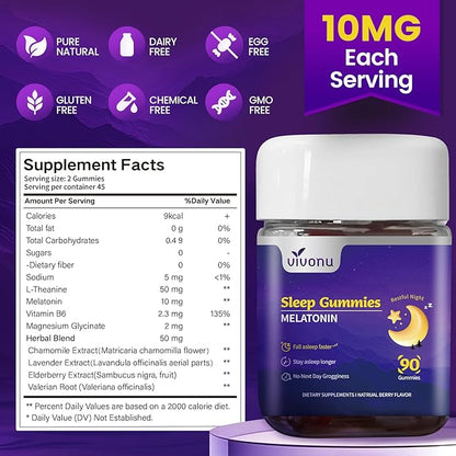 Melatonin Gummies 10mg, 9-in-1 Natural Herbal Sleep Aids for Adults, Sleep Gummies with Magnesium Glycinate, Valerian Root, L-Theanine and Vitamin B6, etc, 45 days supply, Non GMO, Berry Flavored