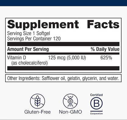 Metagenics Vitamin D3 5000 IU Supplement - High Potency Softgels for Immune, Bone & Heart Health* - 125 mcg Cholecalciferol in Coconut Oil for Enhanced Absorption* - Non-GMO, Gluten-Free - 120 Count