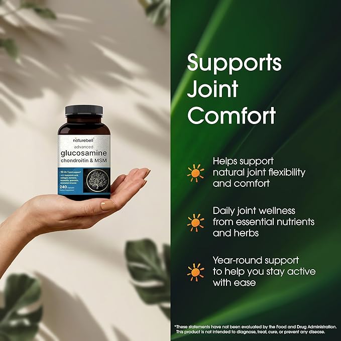 NatureBell Advanced Glucosamine Chondroitin & MSM - 240 Capsules - 10-in-1 Joint Support Complex* - Includes Hyaluronic Acid, Turmeric, Glucosamine, Collagen & More