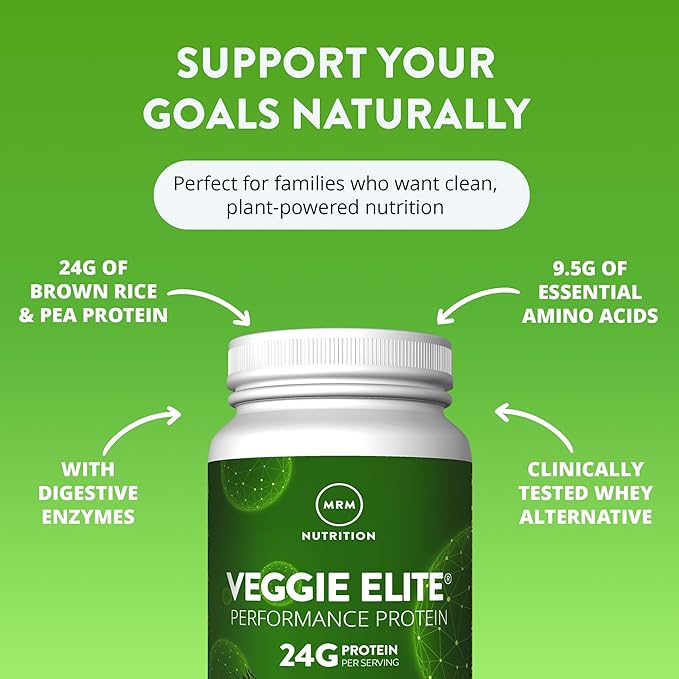 MRM Veggie Elite Performance Protein - Vanilla Bean, Plant-Based Powder, 24g Protein per Serving with BCAAs & Digestive Enzymes, Clinically Tested - Vegan, Gluten-Free - 30 Servings