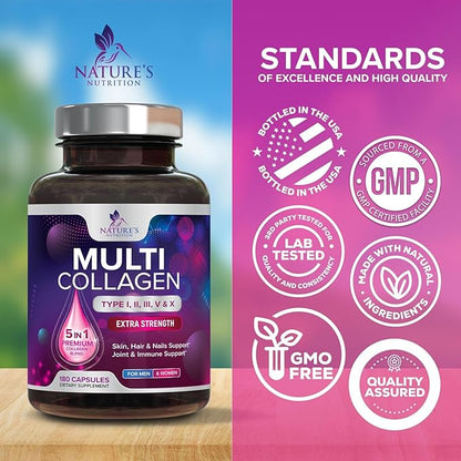 Multi Collagen Pills 2400 mg Per Serving - Advanced Types I, II, III, V, X - Hydrolyzed Multi Collagen Peptides Pills Supplement for Women & Men - Hair, Skin, & Nail Support Supplements - 180 Capsules
