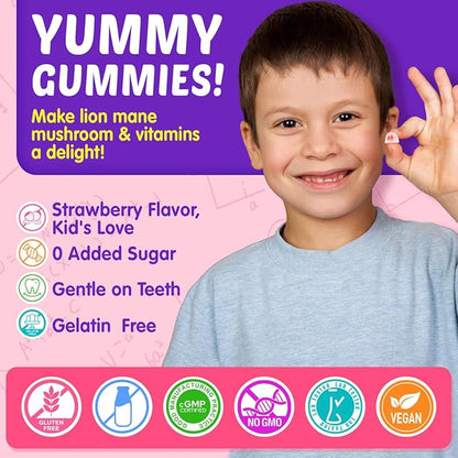 Kids Brain Gummies with Lion's Mane Mushroom, Methyl B6, B9, B12, Supper Greens, Lutein, Brain Booster Supplement for Focus & Attention, Cognitive Function, Vision & Energy, Sugar Free, Vegan 2 Pack