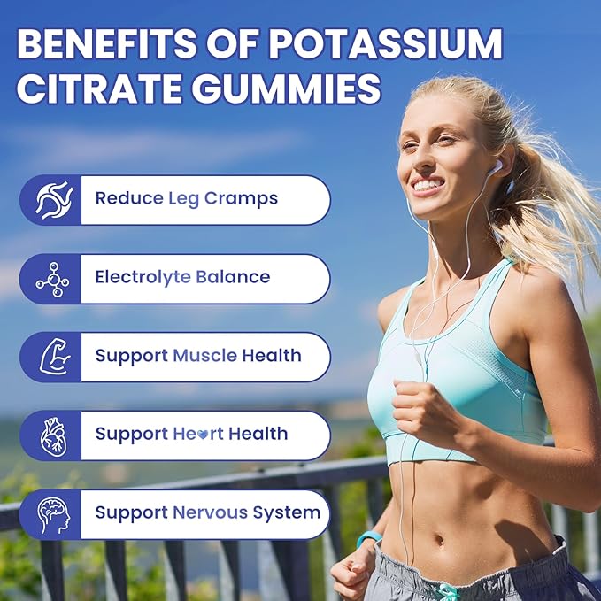 Potassium Citrate 1200mg Gummies for Adults Women & Men, Chewable Potassium Supplement for Muscle Health & Electrolyte Support, Sugar Free, Blueberry Flavor, 120 Count