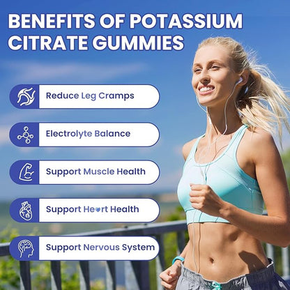 Potassium Citrate 1200mg Gummies for Adults Women & Men, Chewable Potassium Supplement for Muscle Health & Electrolyte Support, Sugar Free, Blueberry Flavor, 60 Count