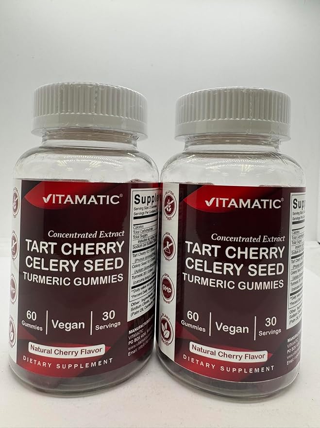 Vitamatic Tart Cherry 360mg & Celery Seed 30mg Gummies – Botanical Herbal Supplement – Vegan, Non-GMO, Gluten Free – 60 Gummies – Concentrated Plant Extract - 2 Pack