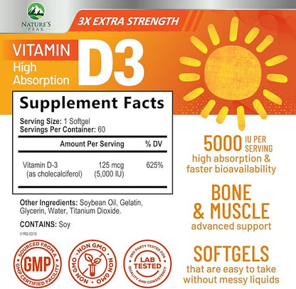 Vitamin D-3 5000 IU (125 mcg) Per Serving Softgels - Extra Strength Vitamins D Dietary Supplement for Bone, Teeth, Muscle Health & Immune Support, Rapid Absorbtion USA Bottled, Gluten Free - 60 Count