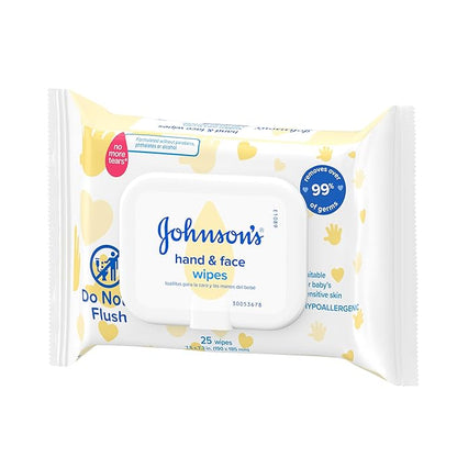 Johnson's Baby Disposable Hand & Face Cleansing Wipes, Pre-Moistened Wipes Gently Remove 99% of Germs & Dirt from Delicate Skin, Paraben-, Phthalate- & Alcohol-Free, Hypoallergenic, 25 Count