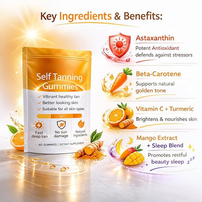 Tanning Gummies, Sunless Tanning Supplement with Astaxanthin, Beta-Carotene, Vitamin C, Turmeric + Mango Extract | Nourishes Skin & Improves Sleep | Vegan & Sugar Free - 60 Count