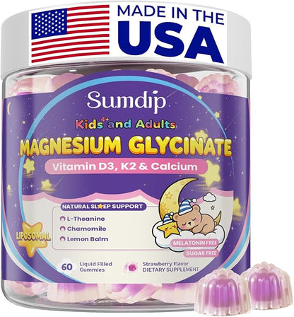 Magnesium Glycinate Gummies 400mg for Kids and Adults - Liposomal Magnesium Supplement with D3, K2 and Calcium for Sleep, Calm and Bones, Melatonin-Free, Sugar-Free, Strawberry Flavor, 60 Gummies