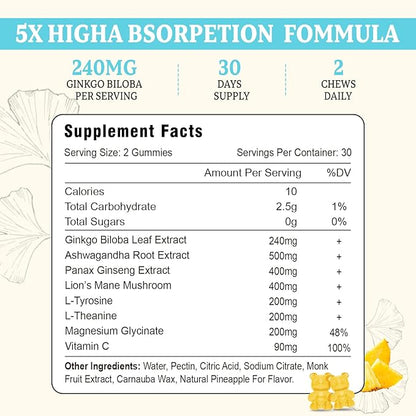 240MG Ginkgo Biloba Gummies | 60 Gummies | Improve Mood and Focus, Brain Health| Pineapple Flavor | Vegan, Non-GMO, Gluten Free Supplement