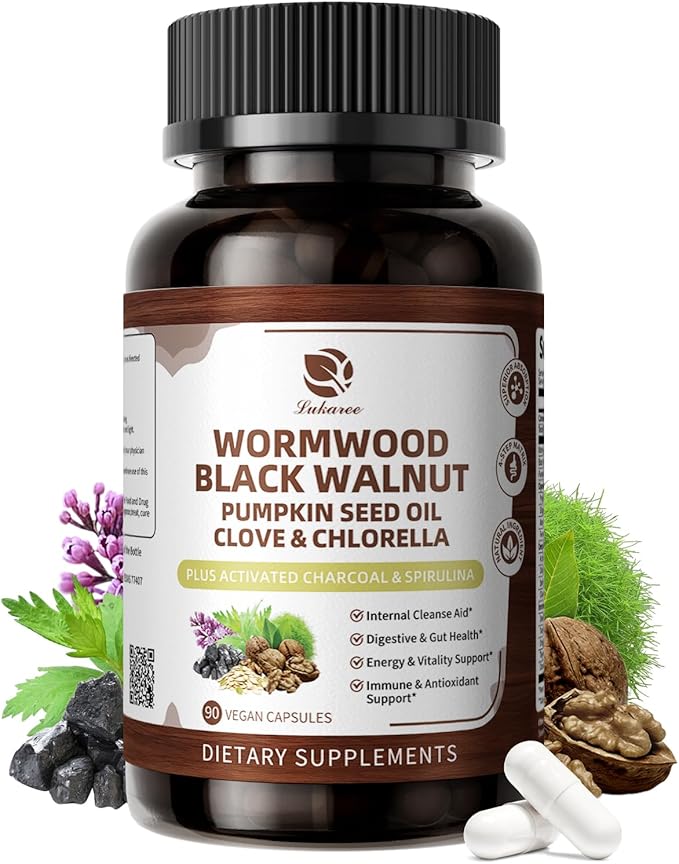 Lukaree Wormwood Black Walnut Cleanse for Human 1200mg – Ultra Gut Cleanse & Digestive Health w/Pumpkin Seed Oil,Clove,Activated Charcoal -10X Concentrated, Men & Women Probiotic Capsules -Vegan,90 CT