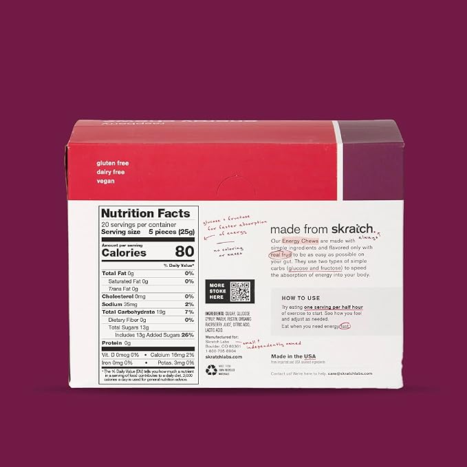 Skratch Labs Energy Chews | Gummies for Running, Cycling & Endurance Quick Carbs for Athletes, Easy to Digest, Real Fruit | Gel Alternative for Runs & Rides | Raspberry 10 Pack | Gluten Free, Vegan