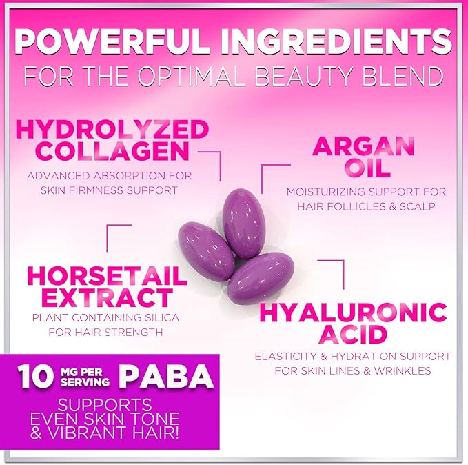 Hair Vitamins for Women for Hair Growth - Argan-Infused Supplement with Collagen, Biotin and Hyaluronic Acid - Supports Faster Hair Growth, Skin & Nails Beauty Vitamins, Bottled in USA - 120 Softgels