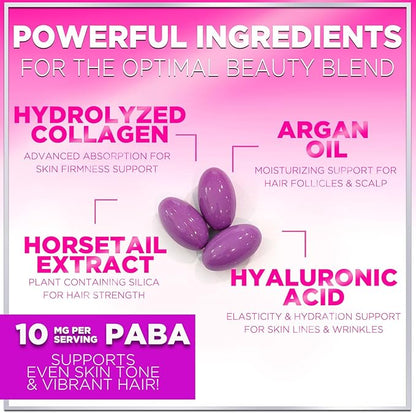 Hair Vitamins for Women for Hair Growth - Argan-Infused Supplement with Collagen, Biotin and Hyaluronic Acid - Supports Faster Hair Growth, Skin & Nails Beauty Vitamins, Bottled in USA - 120 Softgels