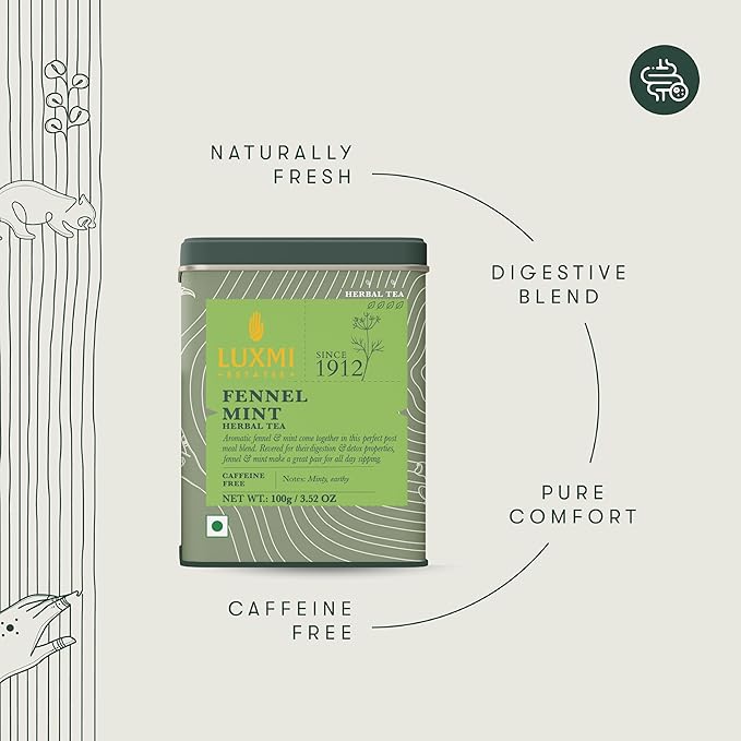 Luxmi Estates Fennel Mint Loose Leaf Tea 100g/3.52oz (50 Cups) for Digestion & Detox|Caffeine Free