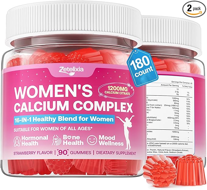 2 Pack Calcium Gummies for Women, Calcium Citrate 1200mg with Vitamin D3 K2, Collagen & Biotin, B0ne, Teeth, Immune & Hormone Support, Sugar Free, Non-GMO, Gluten-Free, Strawberry Flavor, 180 Count