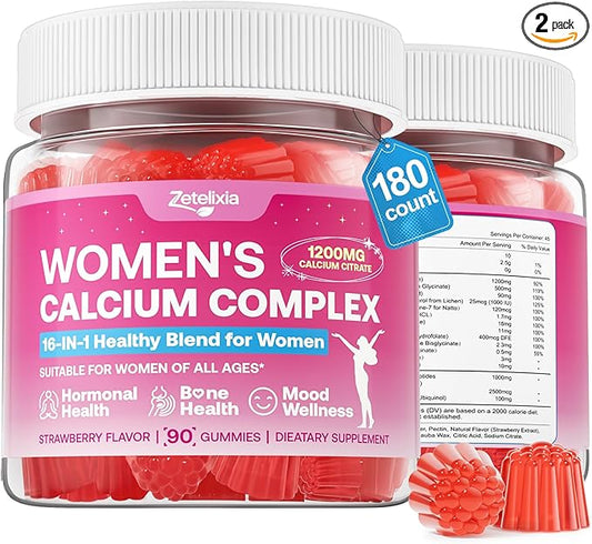 2 Pack Calcium Gummies for Women, Calcium Citrate 1200mg with Vitamin D3 K2, Collagen & Biotin, B0ne, Teeth, Immune & Hormone Support, Sugar Free, Non-GMO, Gluten-Free, Strawberry Flavor, 180 Count