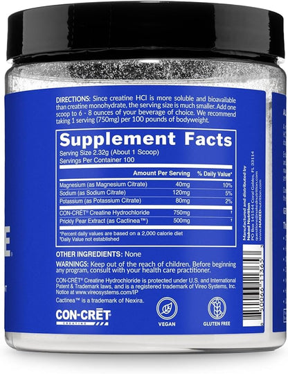 NAKED Lean Creatine HCl Powder, 100 Servings - Con-Cret Creatine Hydrochloride with Organic Prickly Pear Extract, Electrolytes - Muscle Growth, Strength & Cognitive Support - Unflavored