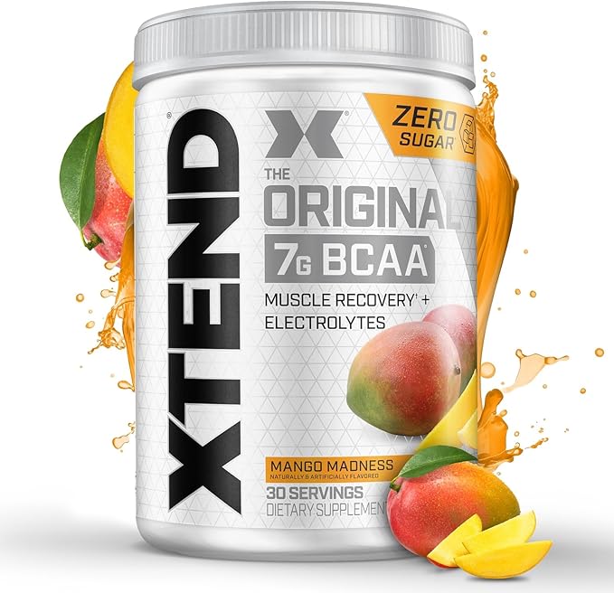 Xtend Original BCAA Powder, 7g BCAAs and 2.5g L-Glutamine for Muscle Recovery Hydration and Lean Muscle, Sugar Free Intra and Post Workout Drink with Electrolytes, Mango Madness, 30 Servings