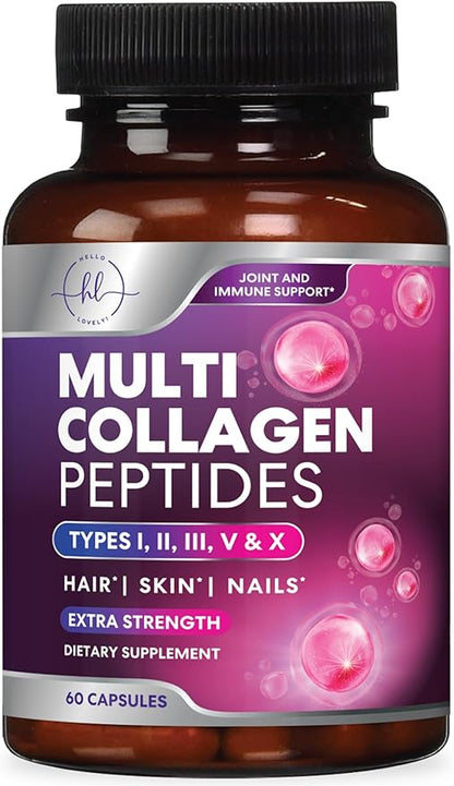 Multi Collagen Peptides Complex - Advanced Hydrolyzed Collagen Supplement Pills with Type I, II, III, V & X - Hair, Skin, Nail & Joint Support Supplement for Women & Men - USA Bottled - 60 Capsules