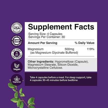 Pure Magnesium Glycinate Supplement 500mg - Magnesium for Sleep and Rest Capsules for Men & Women - Unflavored Vegan High Absorption Pills for Relaxation Support - 120 Count