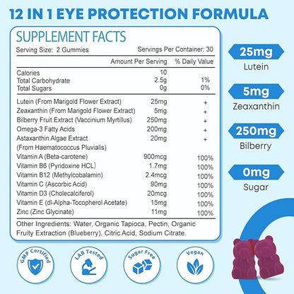 Lutein Gummies, 12 in 1 Lutein and Zeaxanthin Supplements Eye Vitamins Gummies for Adults, Eye Health Supplement with Multiple Vitamin for Promoting Eye & Vision - 60 Gummies