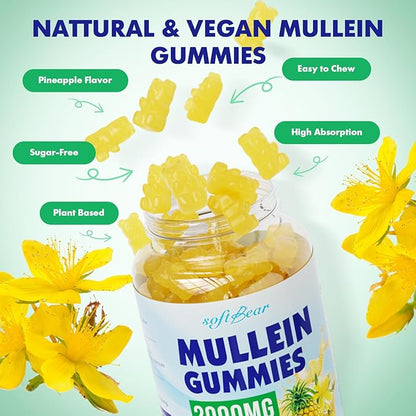 softbear Mullein Gummies for Lungs, 2000mg Mullein Leaf Extract Supplement for Respiratory & Digestive & Immune Support, Organic, Vegan, Sugr-Free, Pieneapple Flavor 60 Count